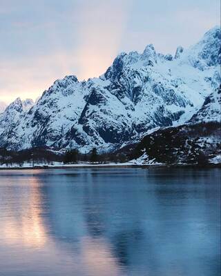 landscape image of snowy mountains on a lake